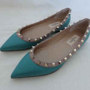NIB AUTH VALENTINO Rockstud Teal Matte Leather Ballerina Shoes Flats 35.5/5.5